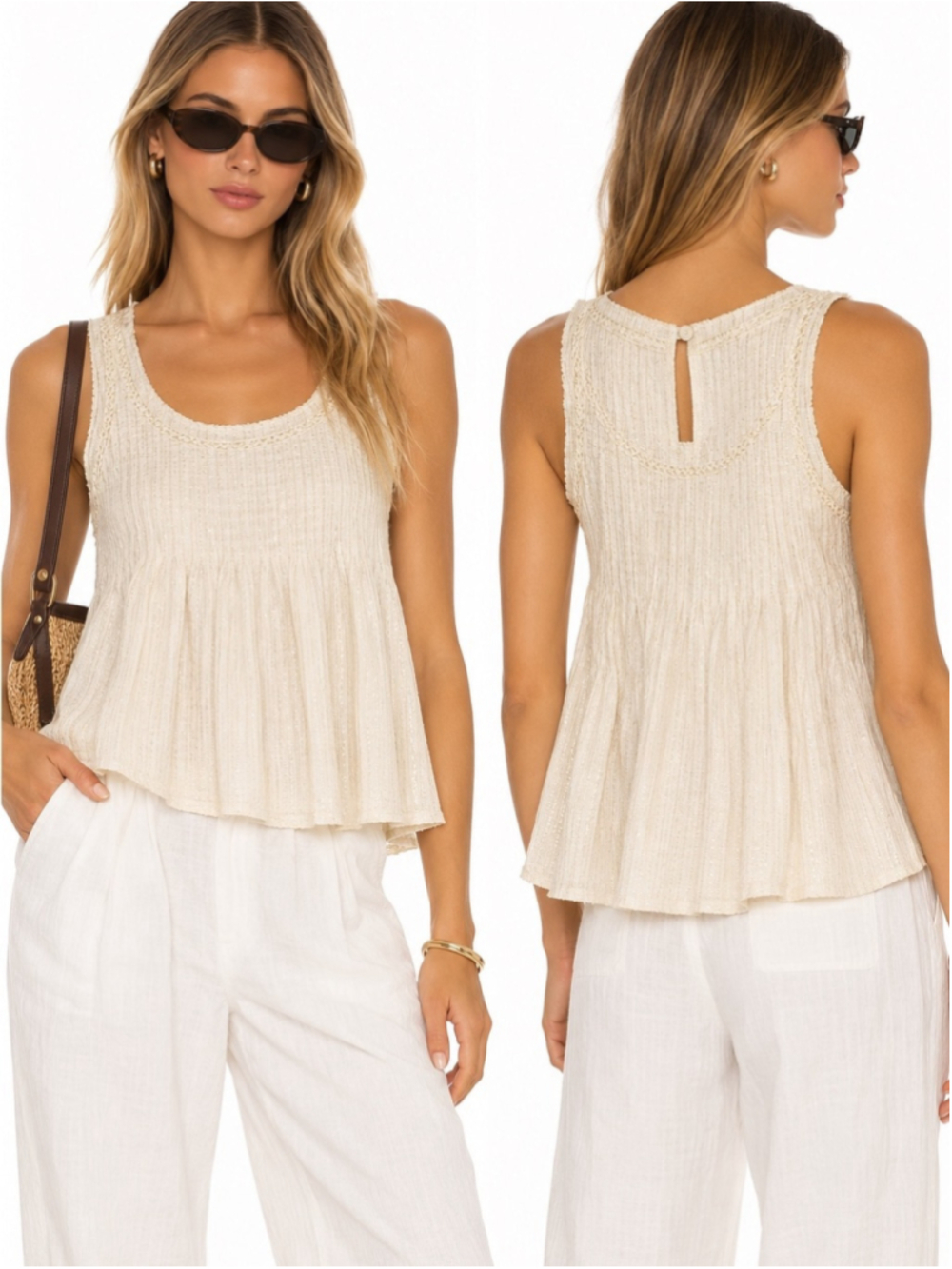 Anthropologie Ivory Smocked Yoke Sleeveless Tank